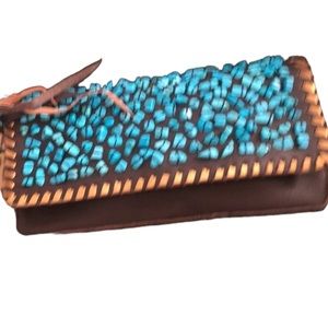 Tango  dark brown Genuine leather clutch with Turquoise stones beautiful